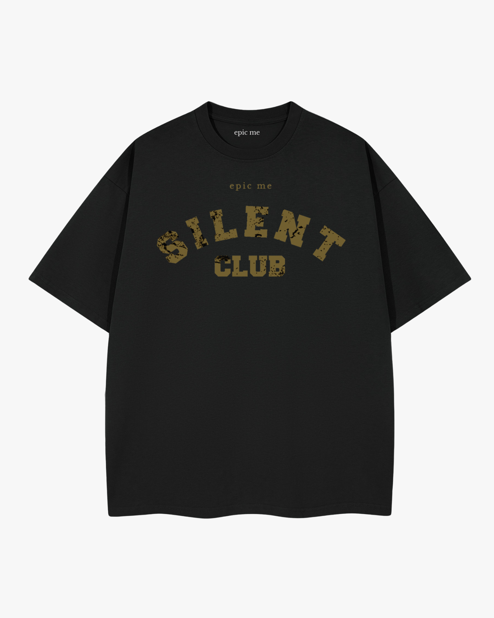 Camiseta holgada Silent Club negra con tipografía dorada vintage