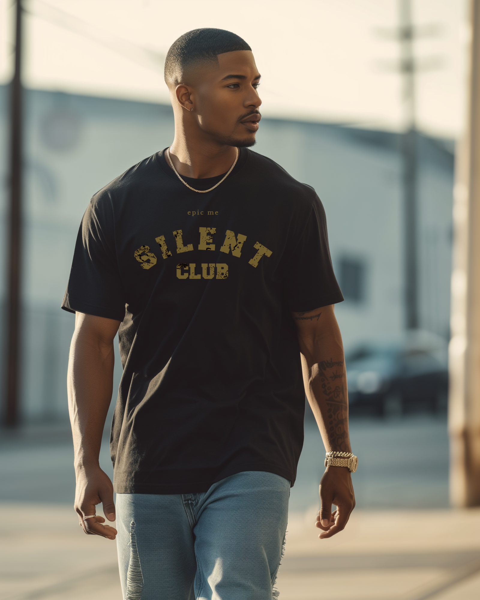 Hombre llevando camiseta holgada Silent Club negra gold de EPIC ME