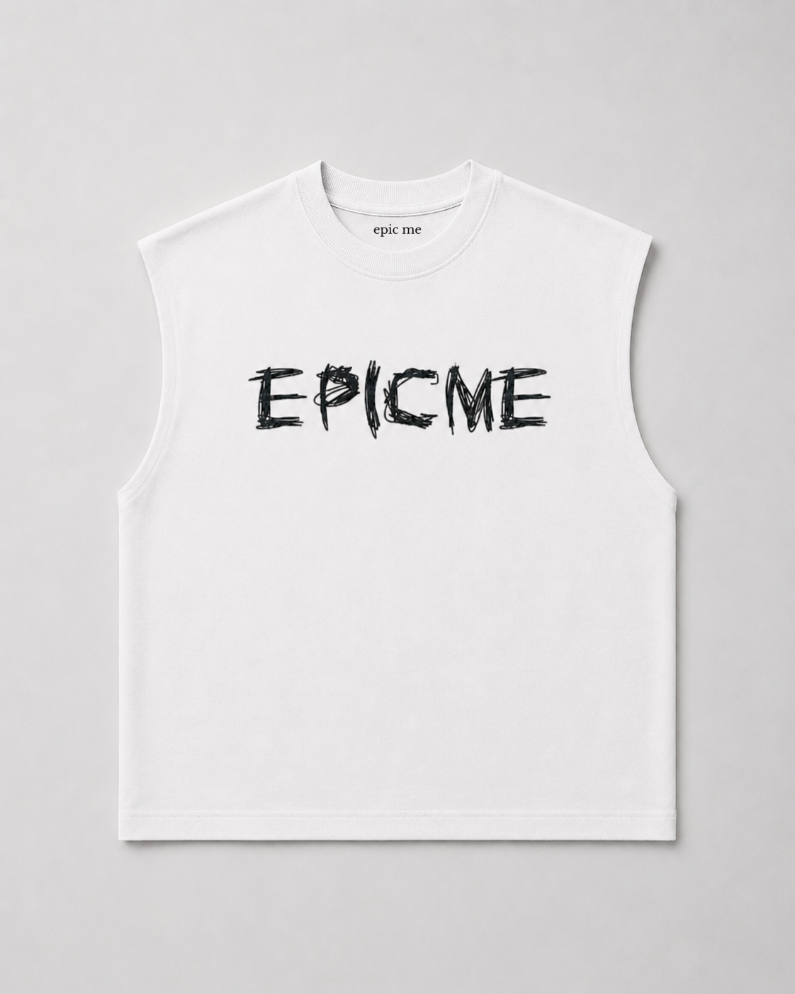 Camiseta sin mangas para hombre blanca boxy fit Epic Me logo pecho