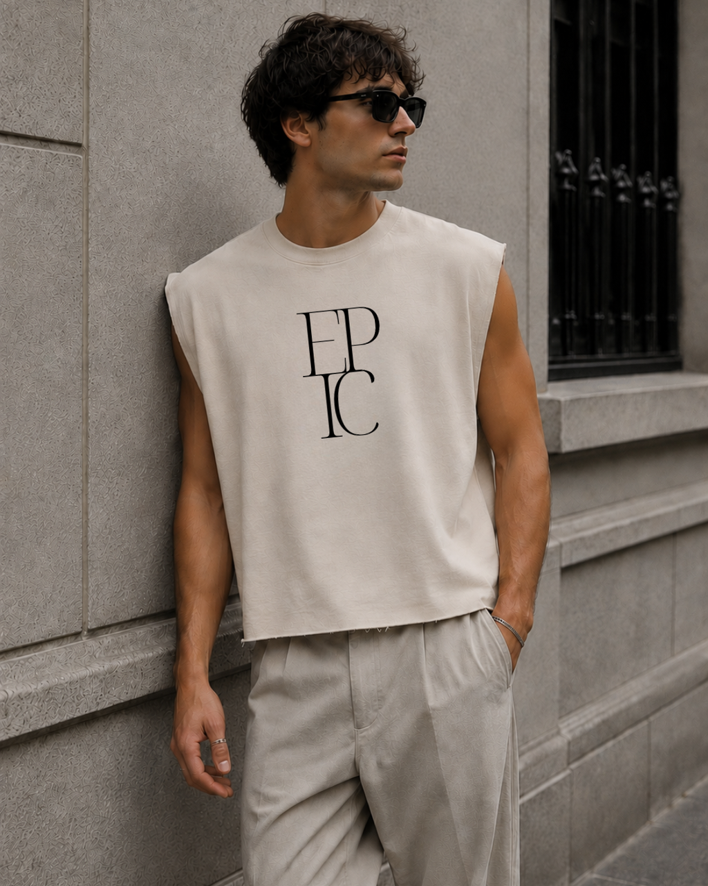 Camiseta sin mangas para hombre boxy fit beige con logo EPIC y diseño raw hem