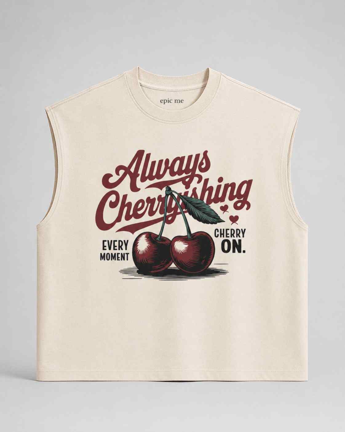 Camiseta sin mangas Cherry Beige de algodón 100% con gráfico vintage y corte recto inspirado en estilo retro