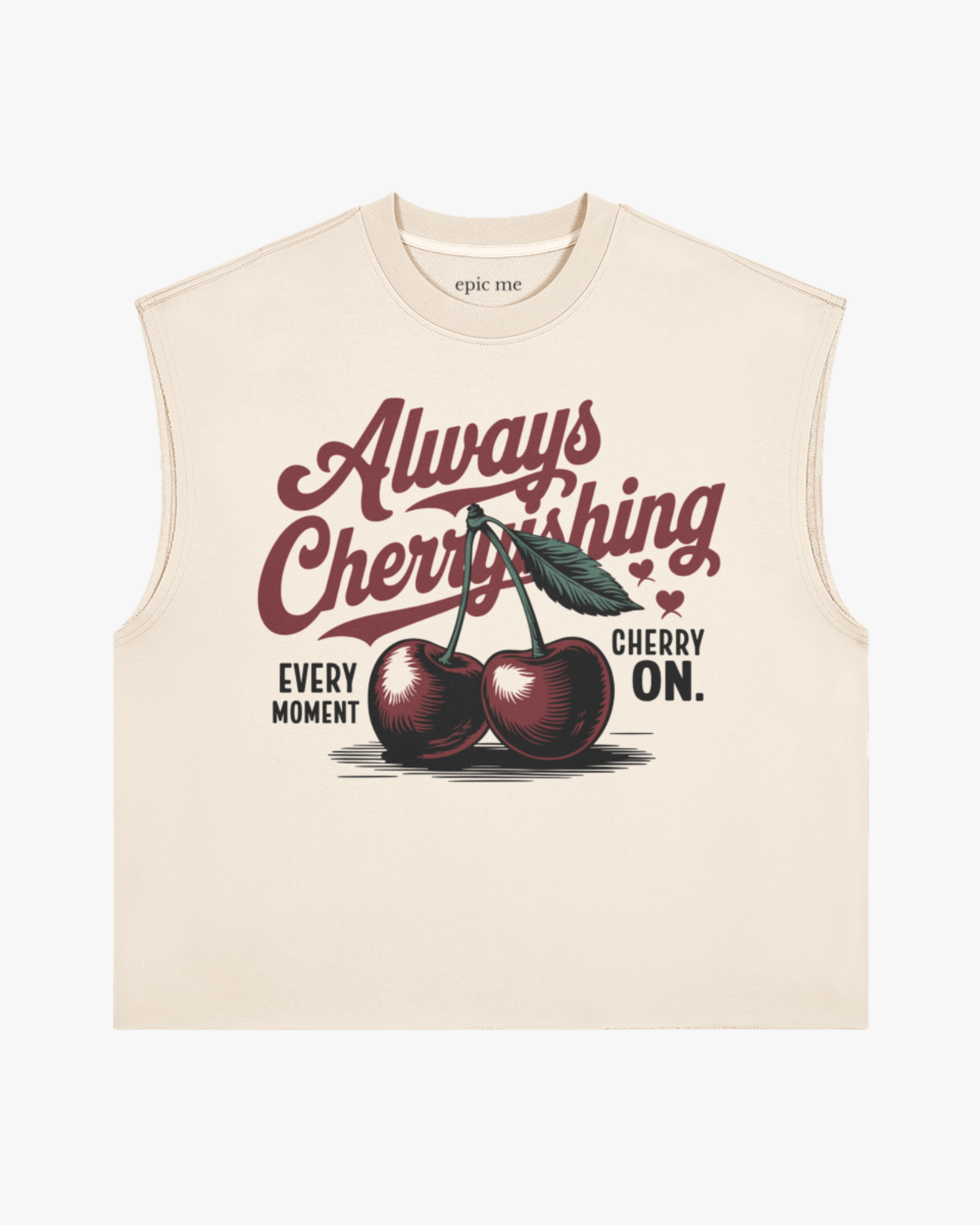 camiseta sin mangas beige con estampado de cerezas cherry
