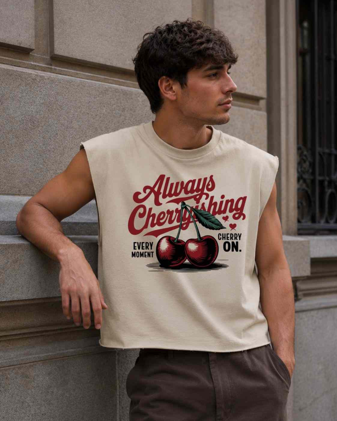 Camiseta sin mangas Cherry Beige de algodón 100% con corte cuadrado y gráfico retro Cherry