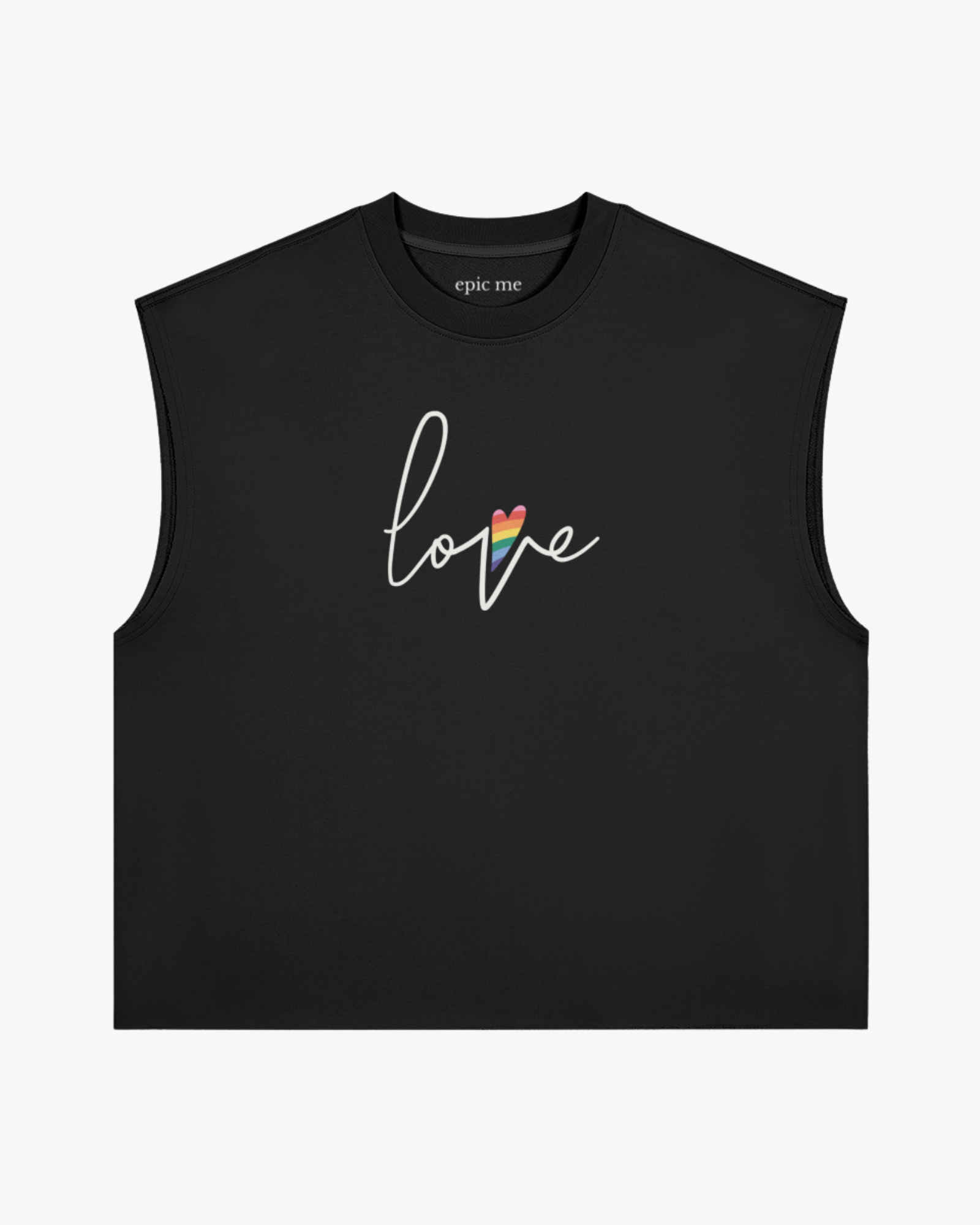 Camiseta sin mangas negra Love Pride de algodón 100% con corte cuadrado y cuello redondo