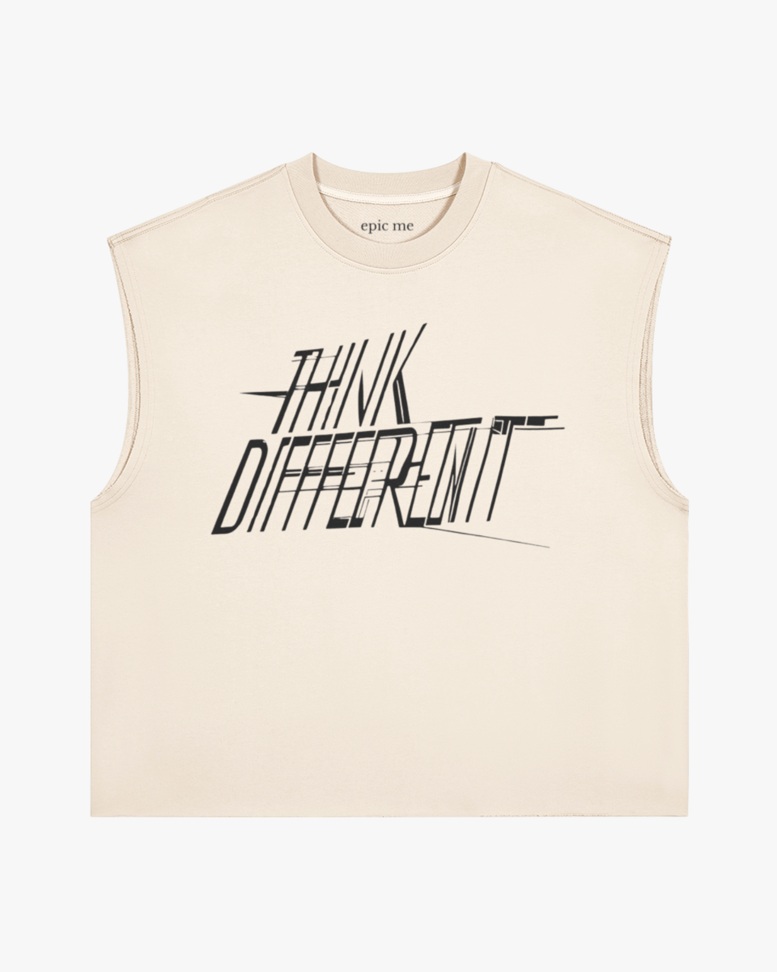 camiseta sin mangas beige think different con estampado frontal