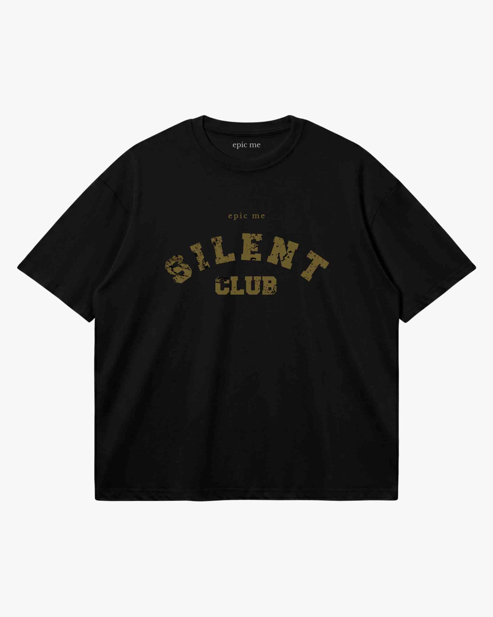 Camiseta streetwear boxy fit negro estampado Silent Club dorado Epic me plano