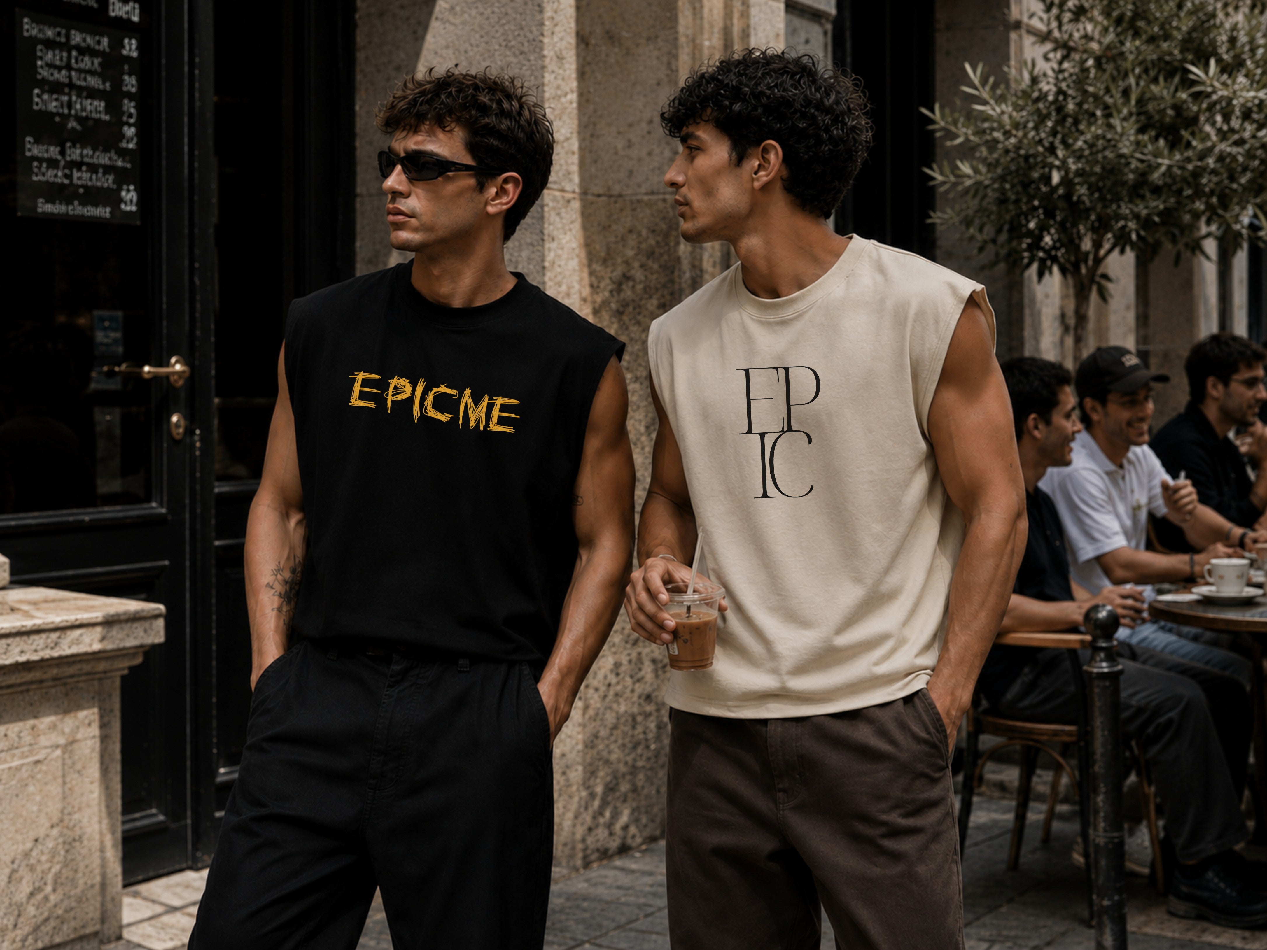 Dos hombres con camisetas sin mangas oversize de streetwear premium Epic Me, una negra con logo EPICME en amarillo y otra beige con estampado EPIC, paseando por una calle con terraza de fondo