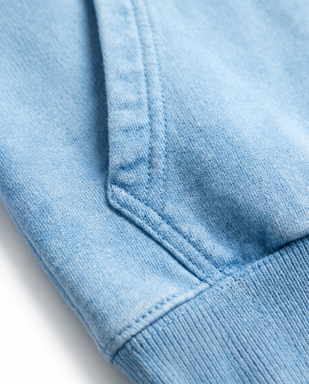 Detalle puño canalé sudadera capucha boxy fit efecto lavado azul cielo Epic me