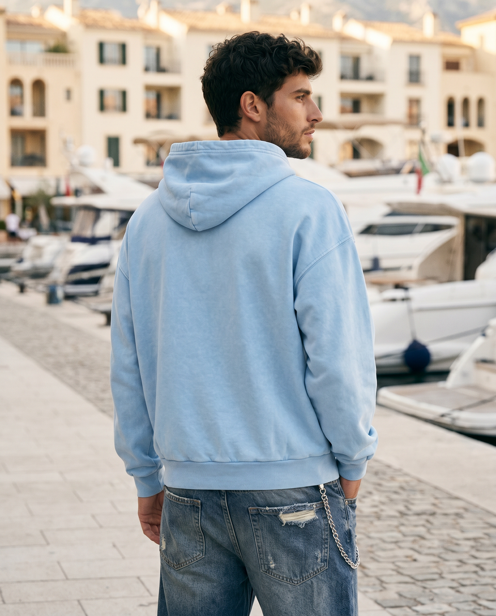 Sudadera con capucha boxy fit efecto lavado azul cielo espalda Epic me