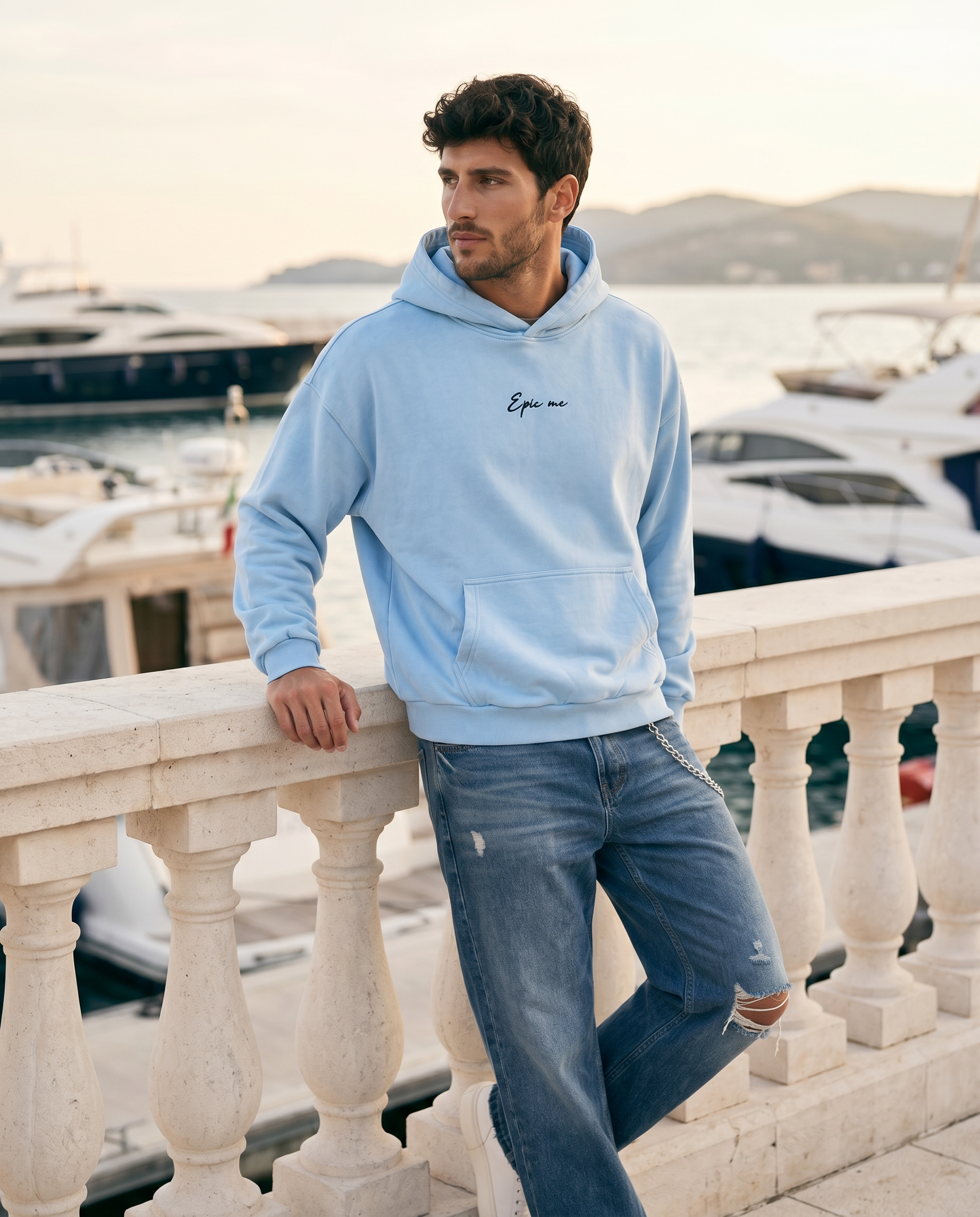 Sudadera con capucha boxy fit efecto lavado azul cielo frontal Epic me