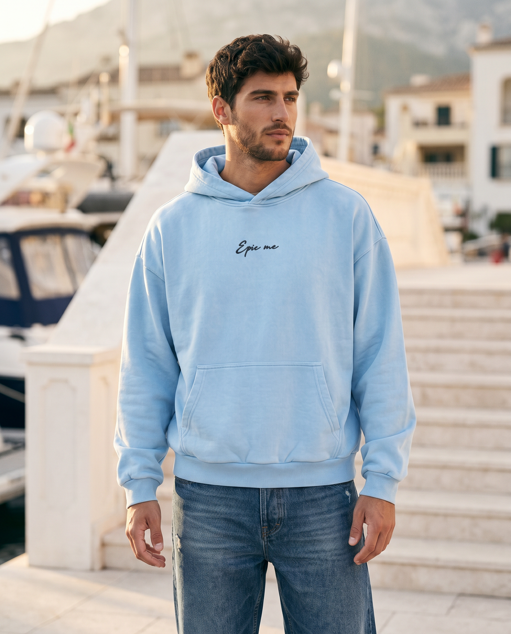 Sudadera con capucha boxy fit efecto lavado azul cielo modelo de pie Epic me