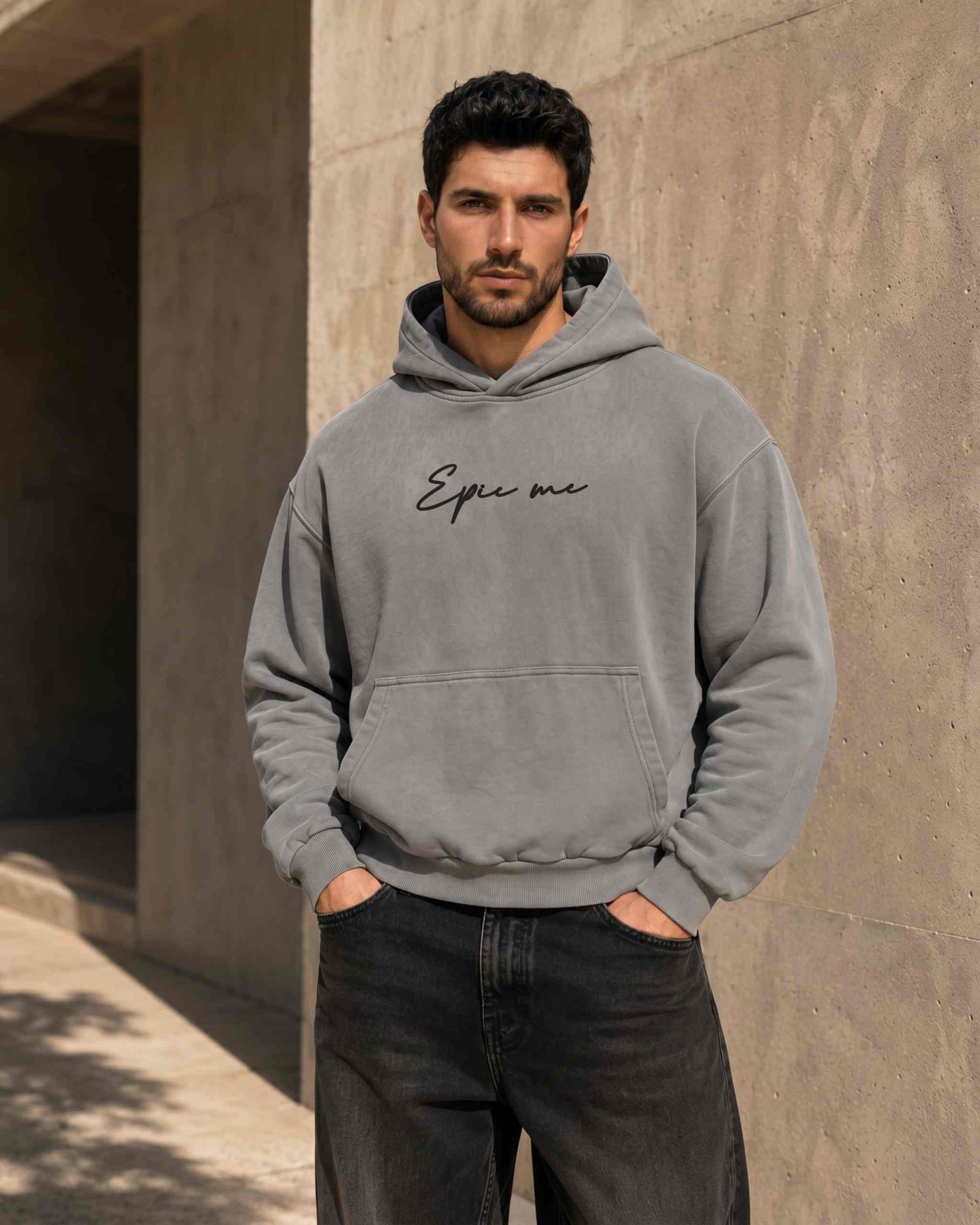 Sudadera con capucha boxy fit efecto lavado gris frontal logo Epic me