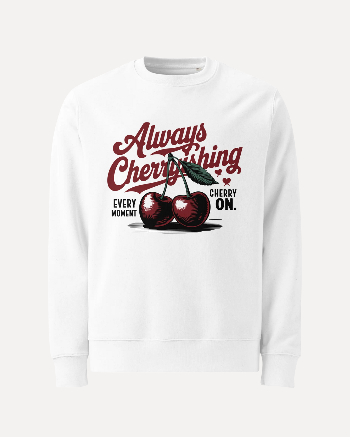 sudadera sin capucha blanca Cherry con diseño retro de cerezas