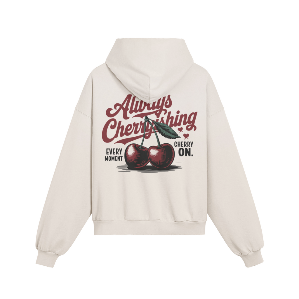 Sudadera oversize vintage Always Cherishing beige EPIC ME vista trasera con estampado de cerezas