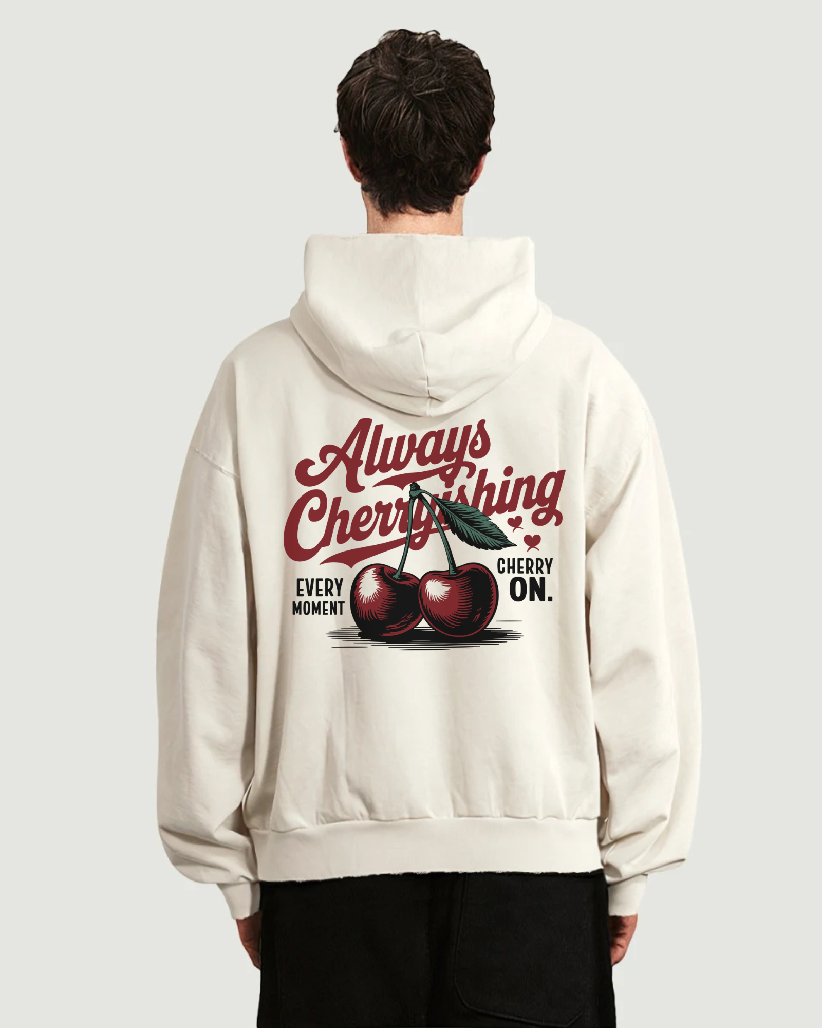 Sudadera con capucha Cherryshing con gráfico Always Cherishing en la espalda