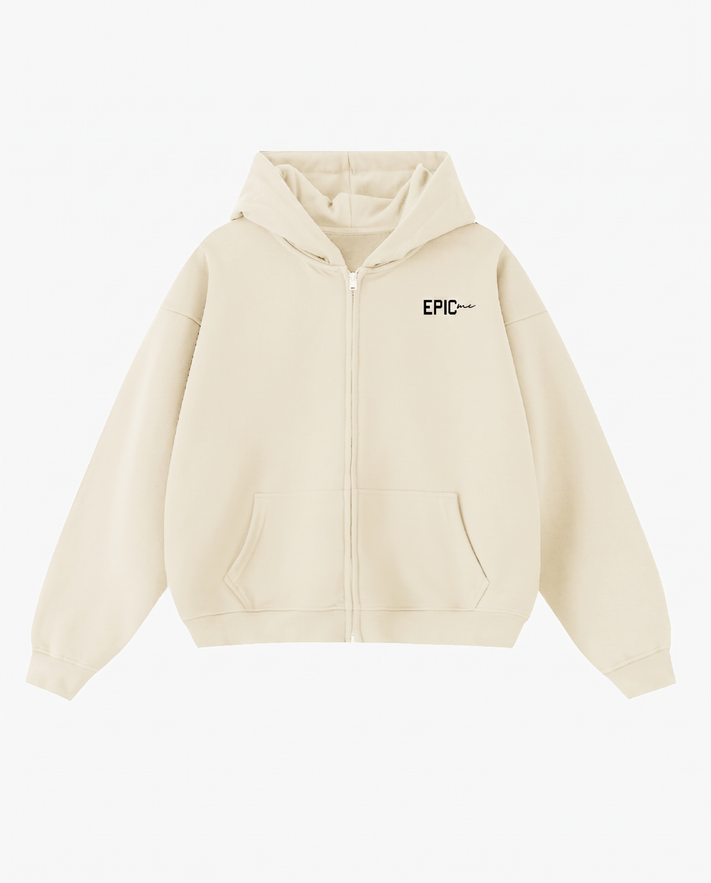 Sudadera con cremallera hombre oversize crudo frontal logo Epic Me