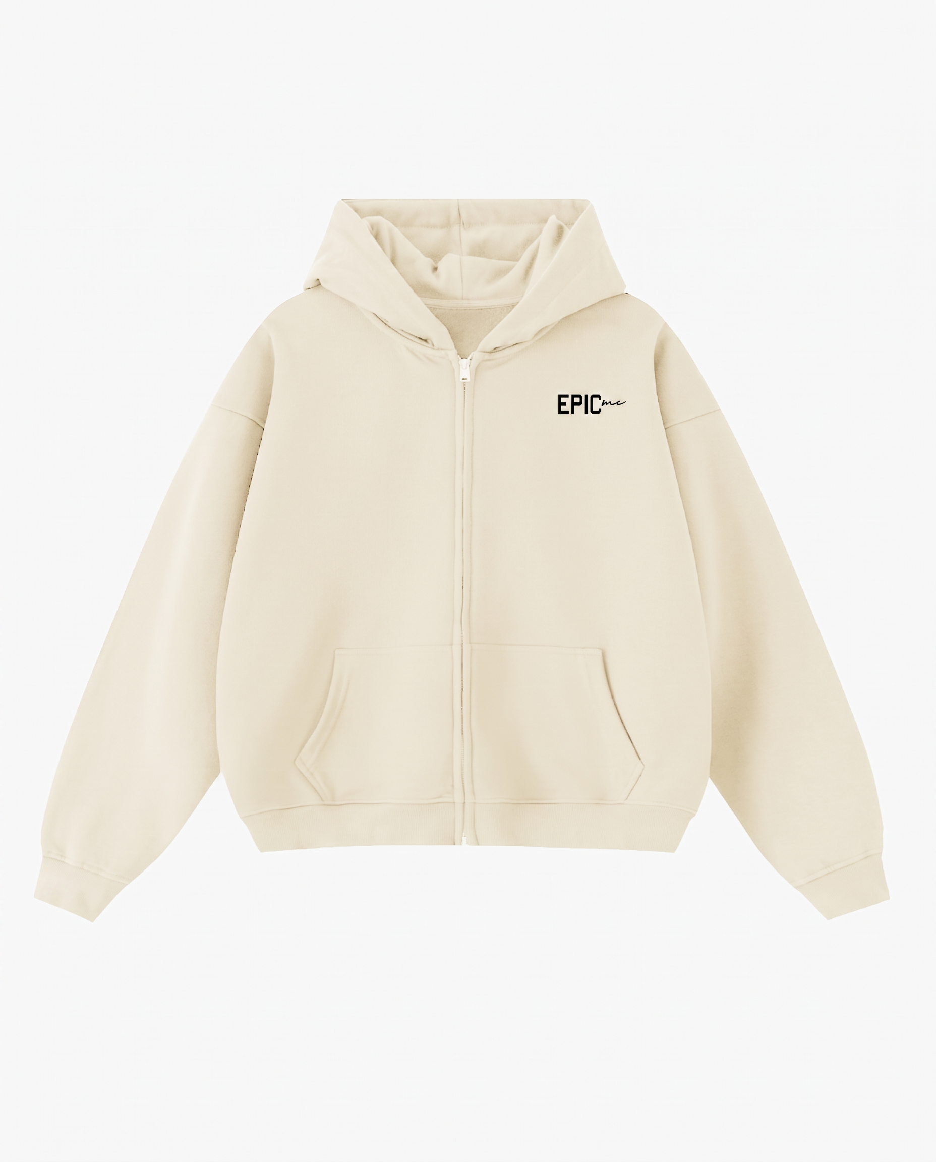 Sudadera con cremallera hombre oversize crudo frontal logo Epic Me