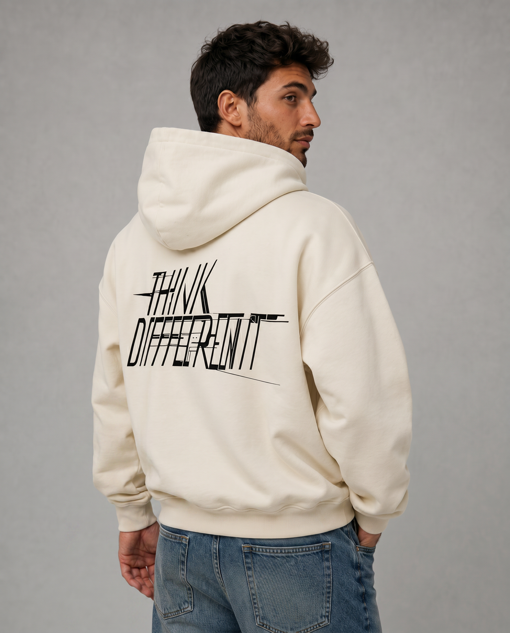 Sudadera cremallera hombre crudo oversize espalda estampado Think Different streetwear