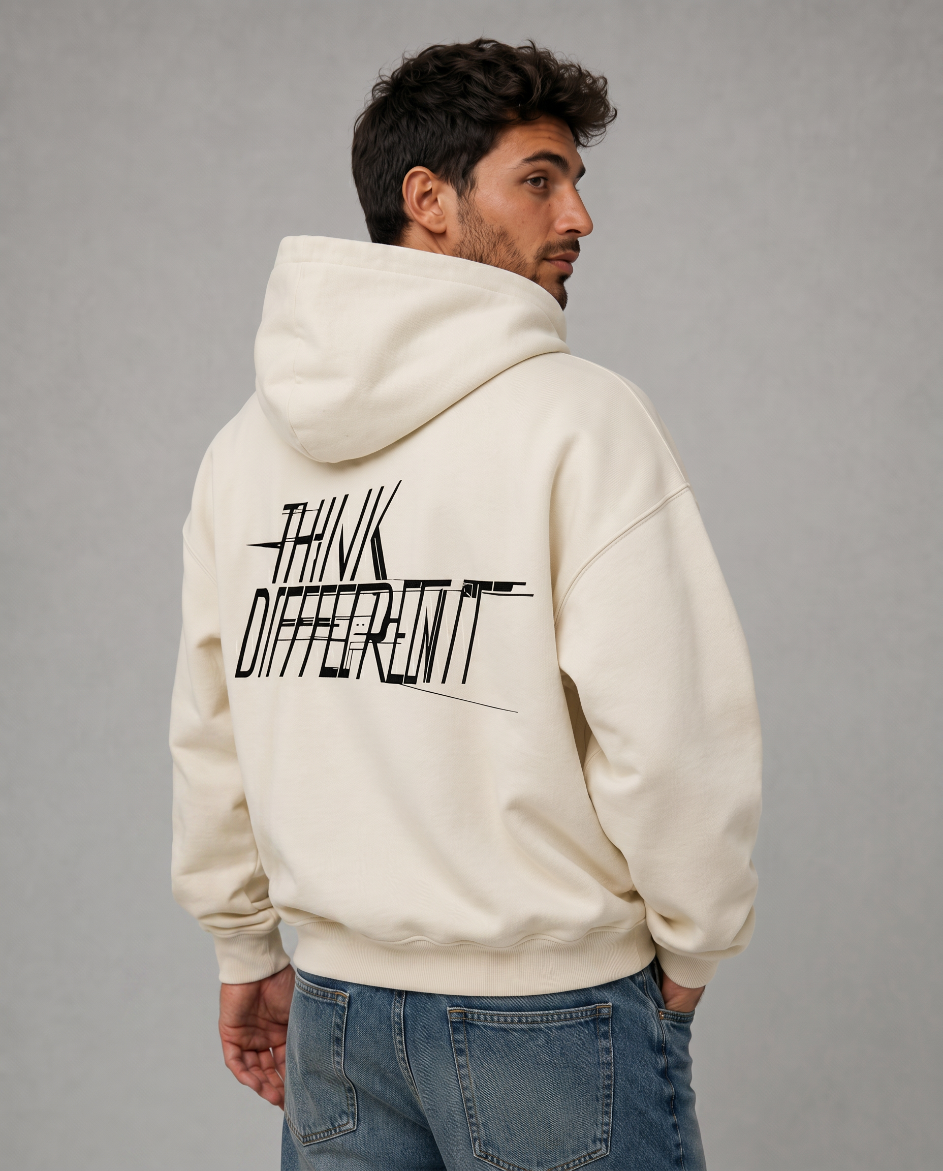 Sudadera cremallera hombre crudo oversize espalda estampado Think Different streetwear