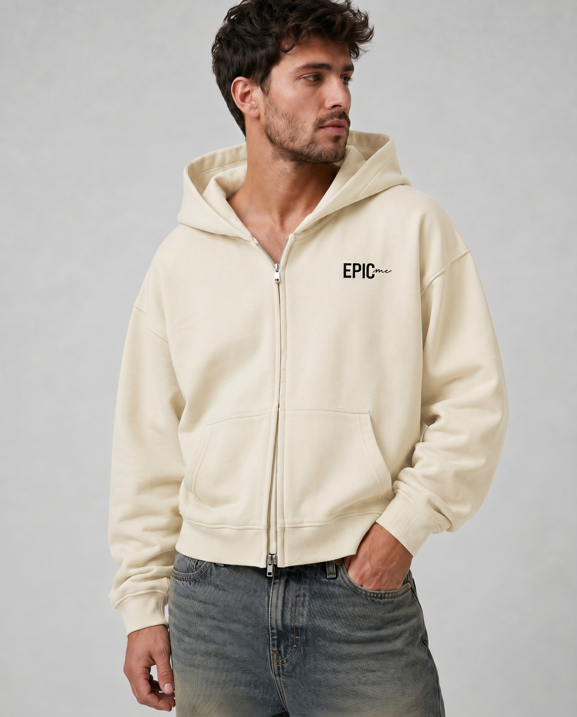 Sudadera con cremallera hombre crudo oversize abierta logo Epic Me streetwear