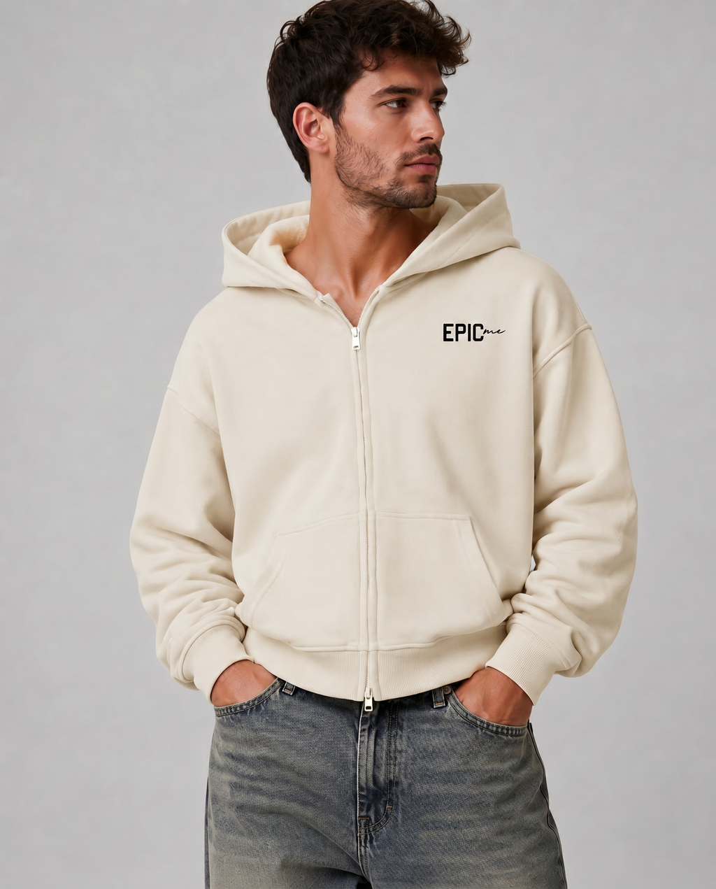 Sudadera zip hoodie hombre crudo oversize cerrada logo Epic Me streetwear minimal
