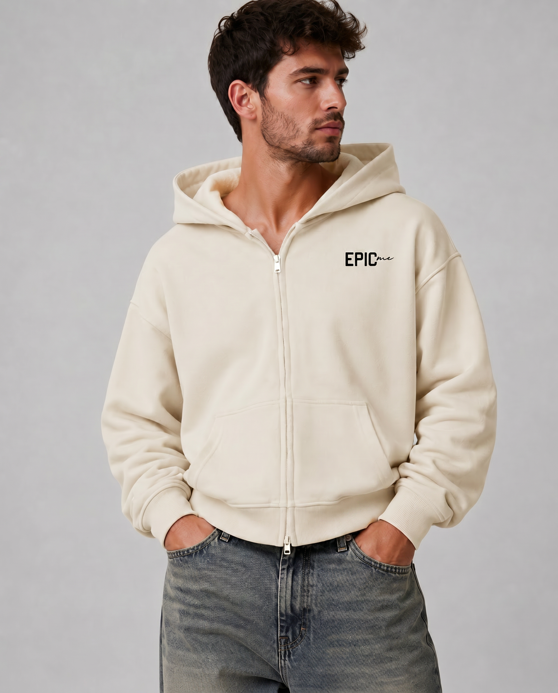 Sudadera zip hoodie hombre crudo oversize cerrada logo Epic Me streetwear minimal