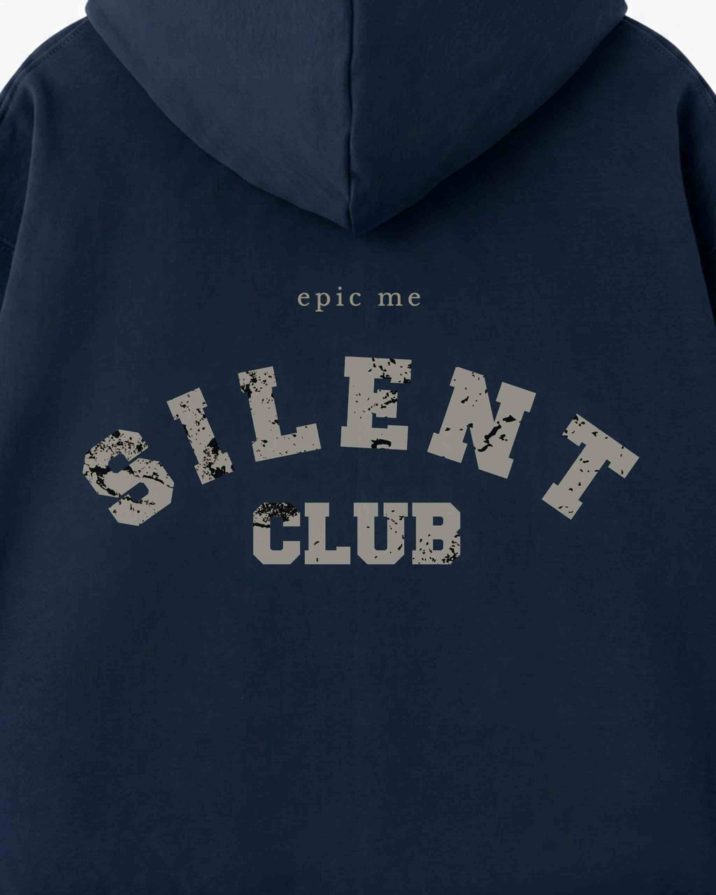 Detalle estampado vintage Silent Club gris espalda sudadera cremallera azul Epic Me