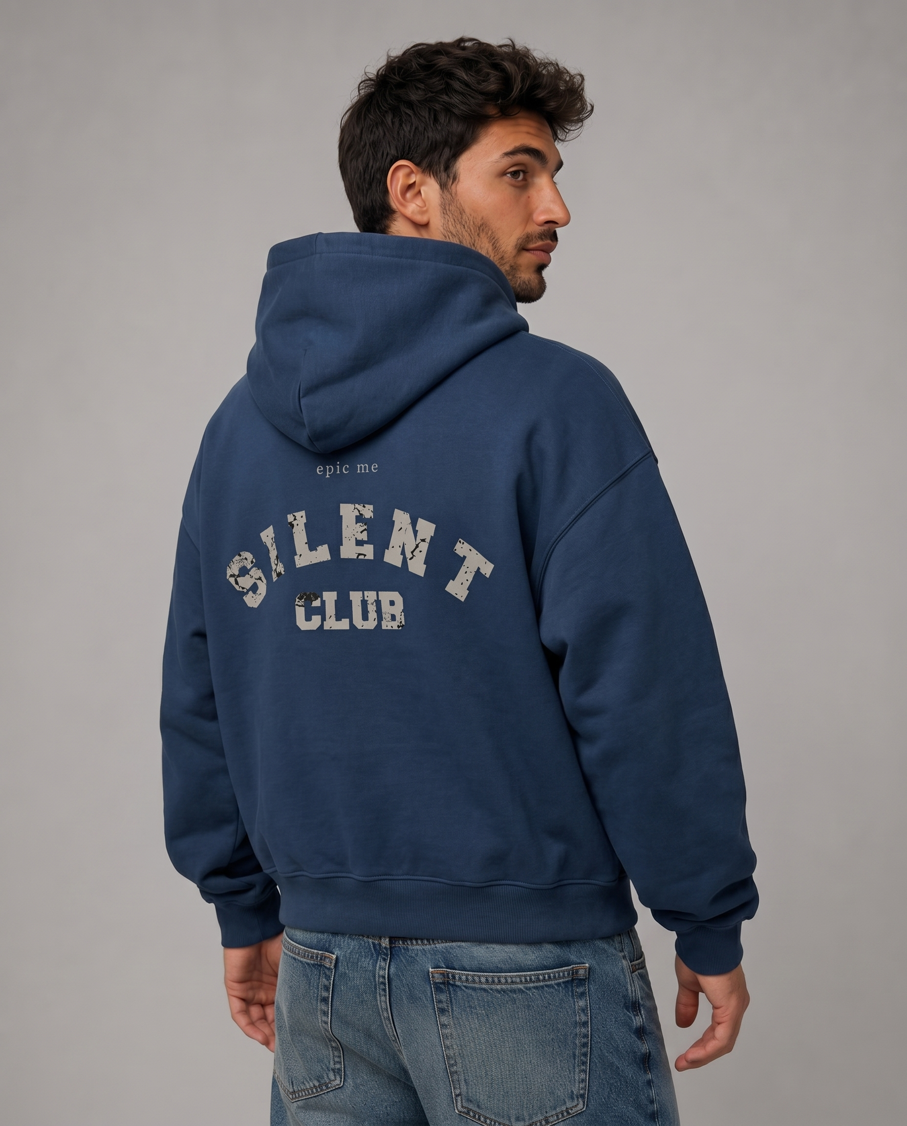 Sudadera cremallera cropped oversize azul estampado Silent Club espalda Epic Me