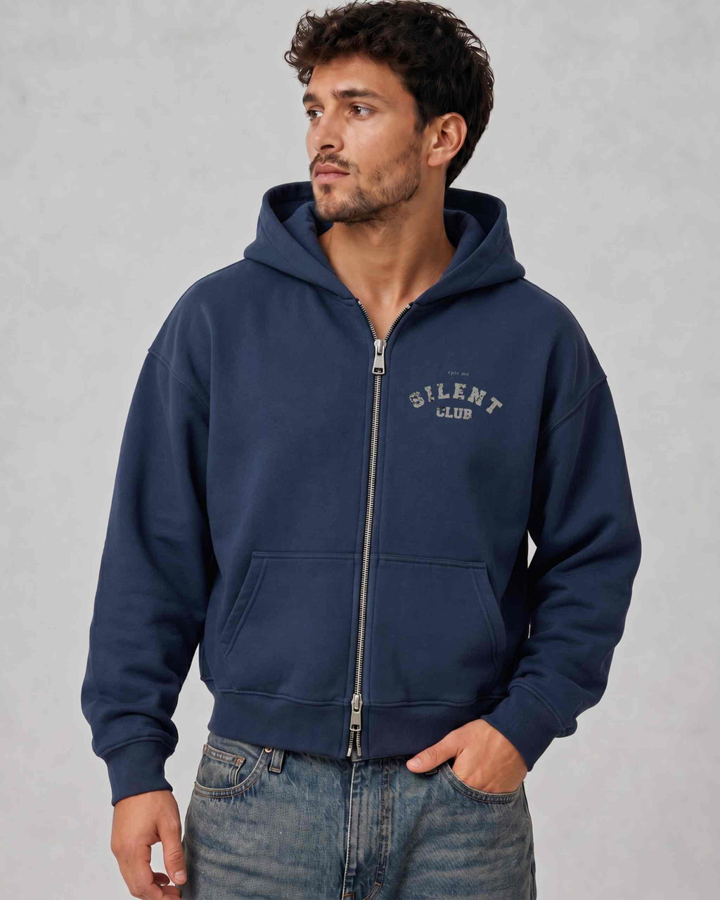 Sudadera cremallera cropped oversize azul Silent Club frontal abierta Epic Me
