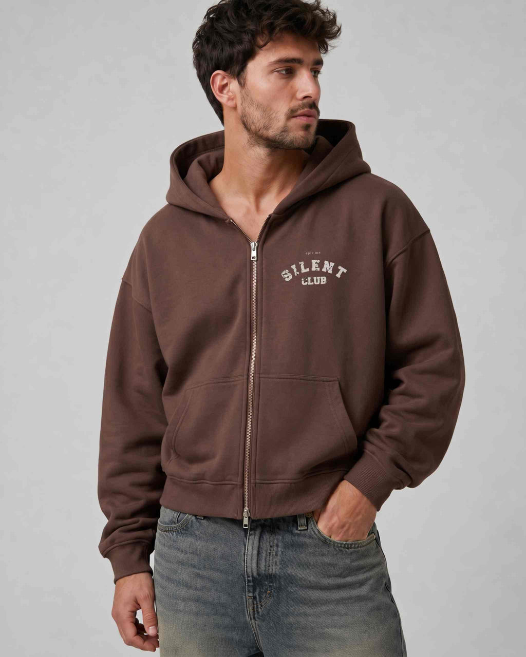 Sudadera cremallera cropped oversize marrón Silent Club frontal abierta Epic Me