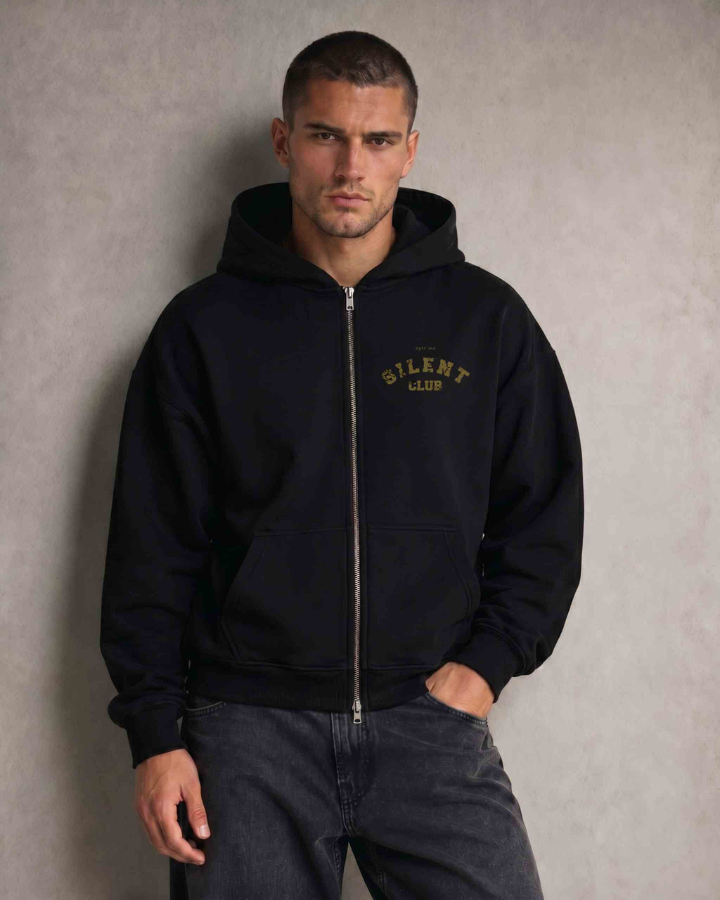 Sudadera cremallera cropped oversize negro Silent Club frontal Epic Me