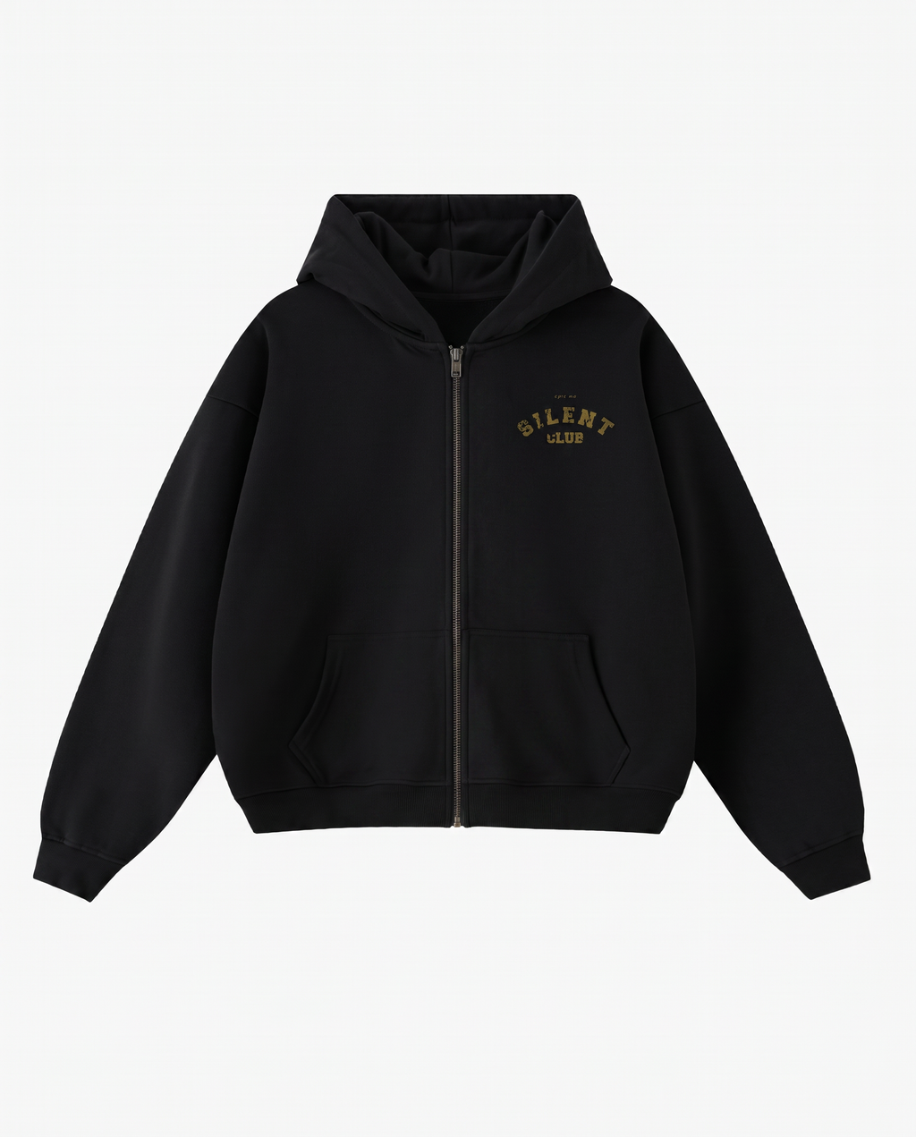 Sudadera con cremallera cropped oversize negro Silent Club plano frontal Epic Me