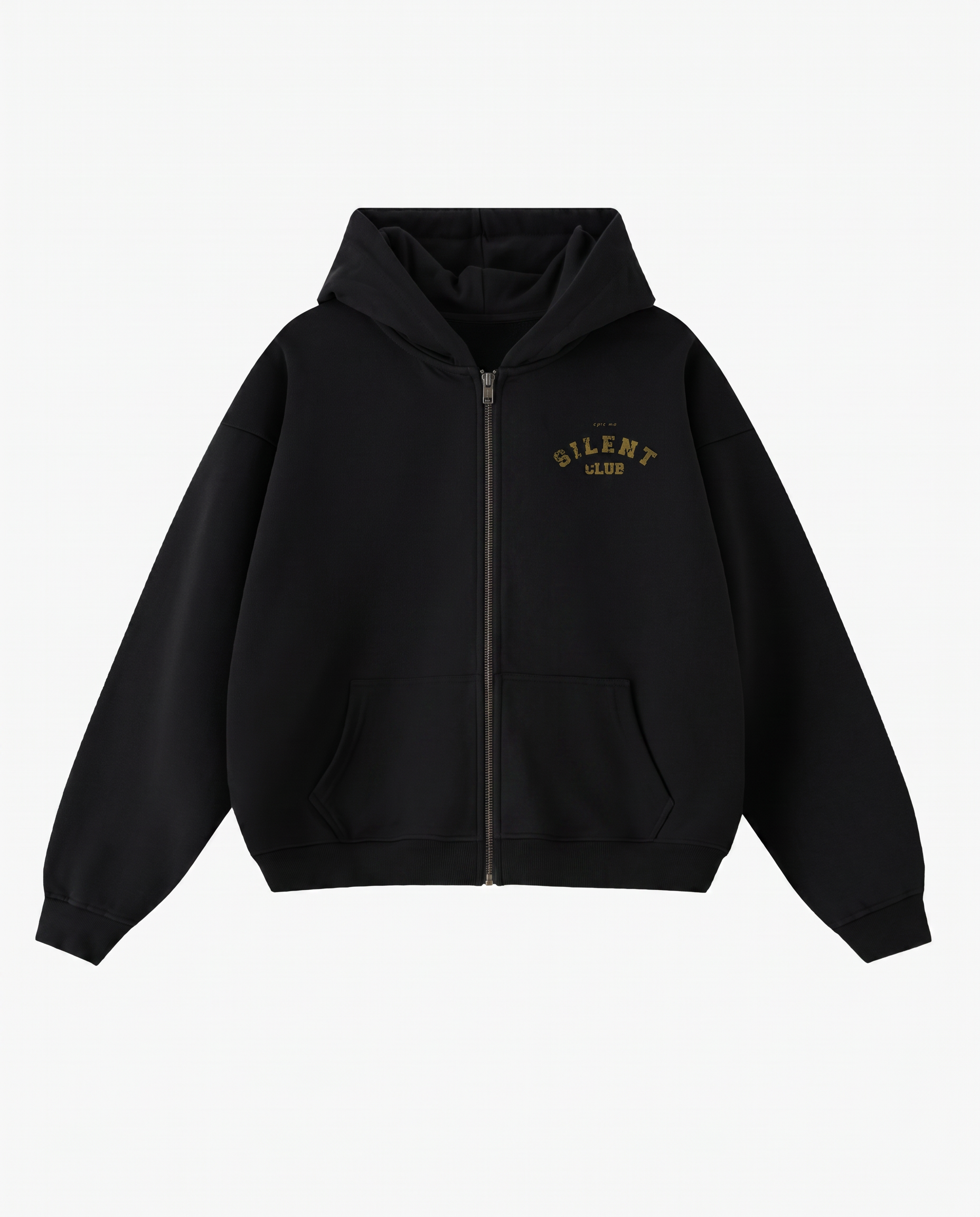 Sudadera con cremallera cropped oversize negro Silent Club plano frontal Epic Me