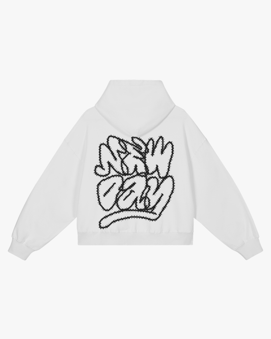 sudadera oversize blanca EPIC ME con gráfico New Day en la espalda