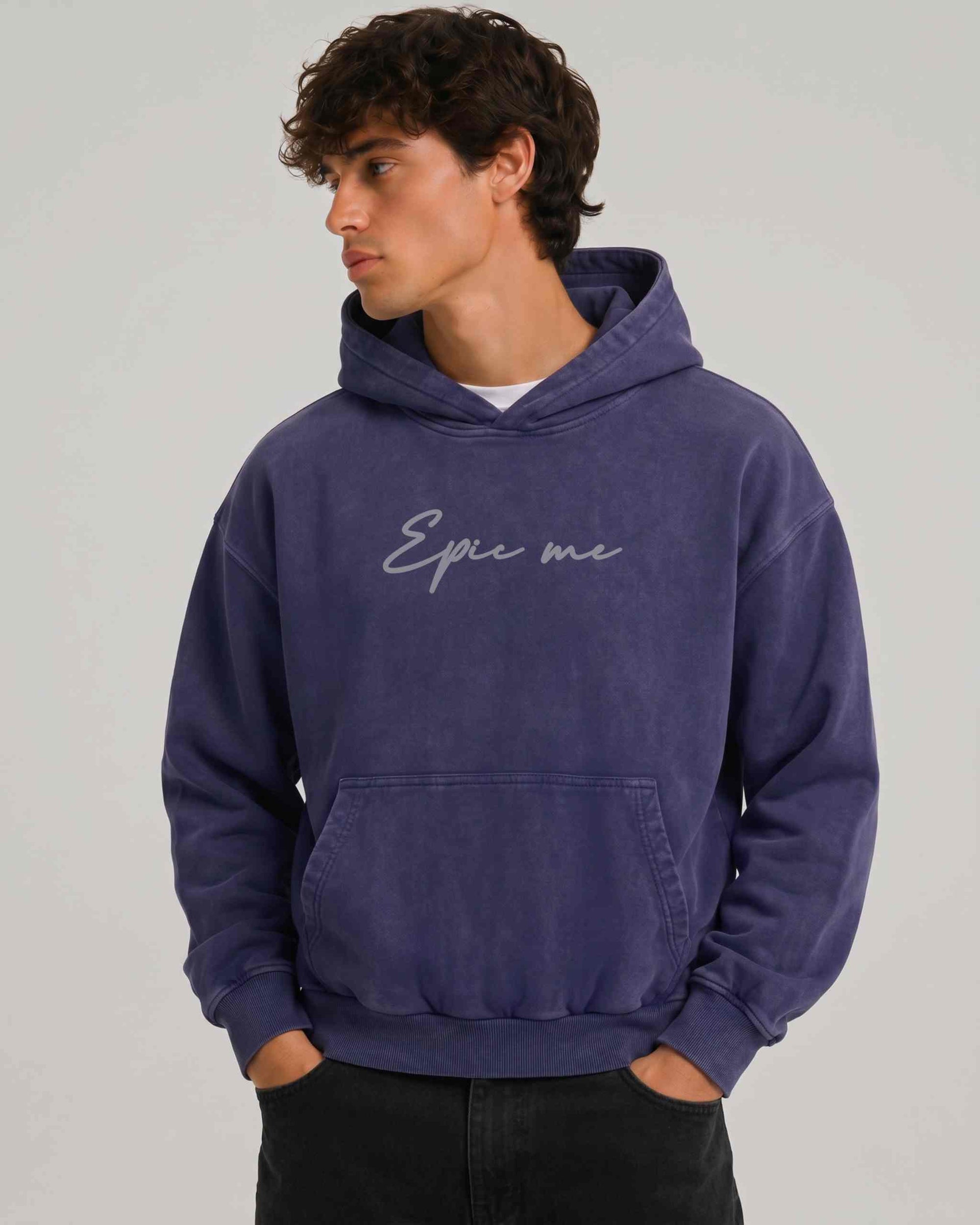 Sudadera con capucha boxy fit azul marino efecto lavado modelo tres cuartos Epic me